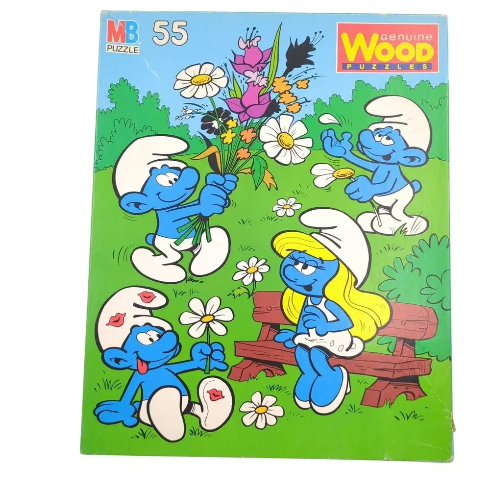 Vintage MB Smurfs Wood Puzzle 55 Piece Ages 4-8 Genuine Wood Peyo 1982